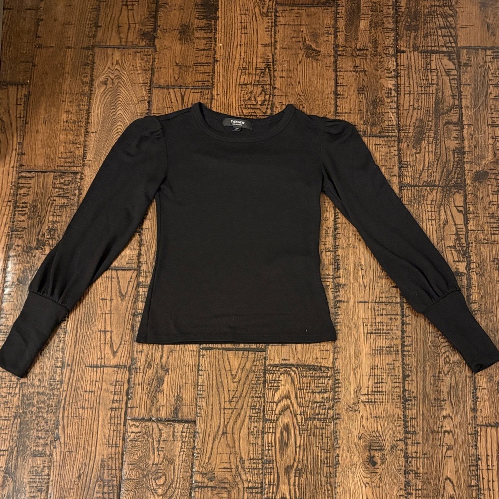 Evernew Black Long Sleeve Puff Shoulder Knit Top